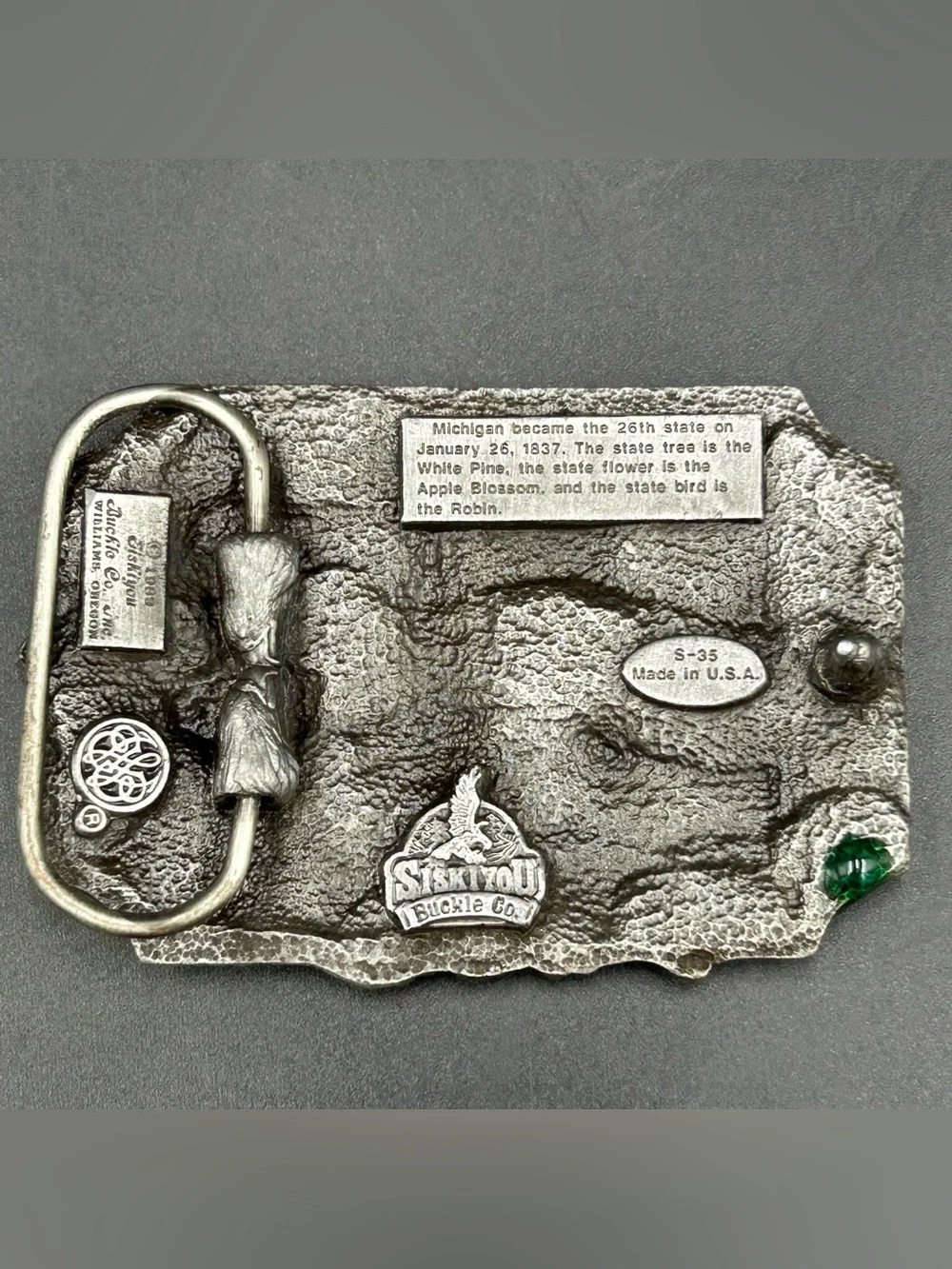 Vintage 1989 Siskiyou Michigan Belt Buckle Mackinac Bridge Deer Fish USA